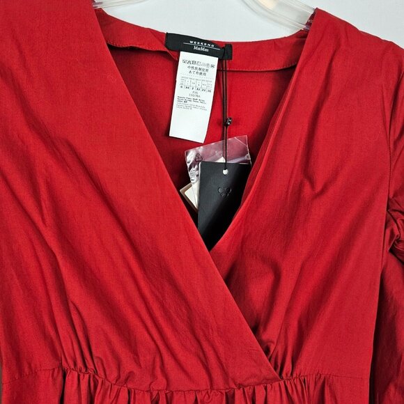 Weekend Max Mara Dress 0 Faiti Cherry Red Cotton A-Line Pockets Belt Zipper FLAW - Picture 4 of 16